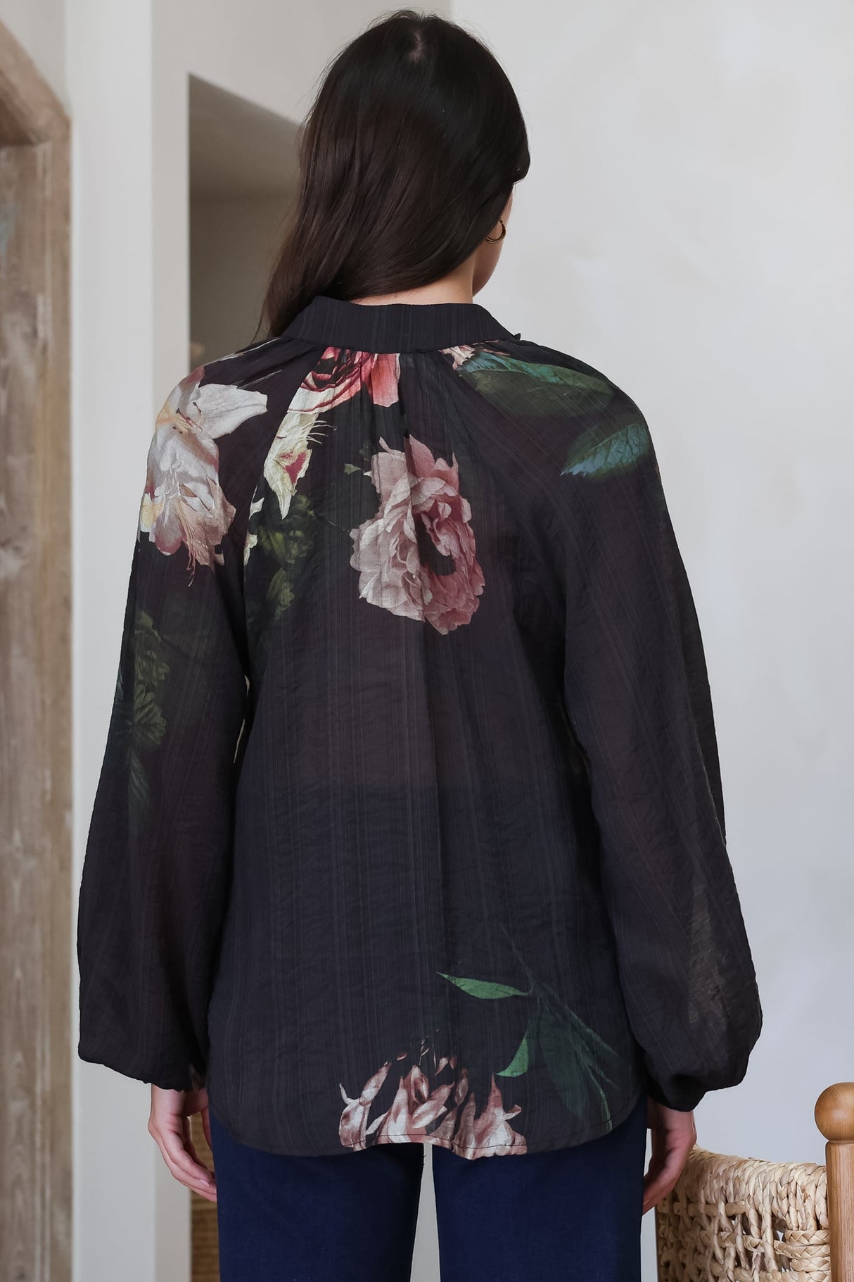 Kyla Blouse - Collared Button Down with Long Balloon Sleeves in Mika Print