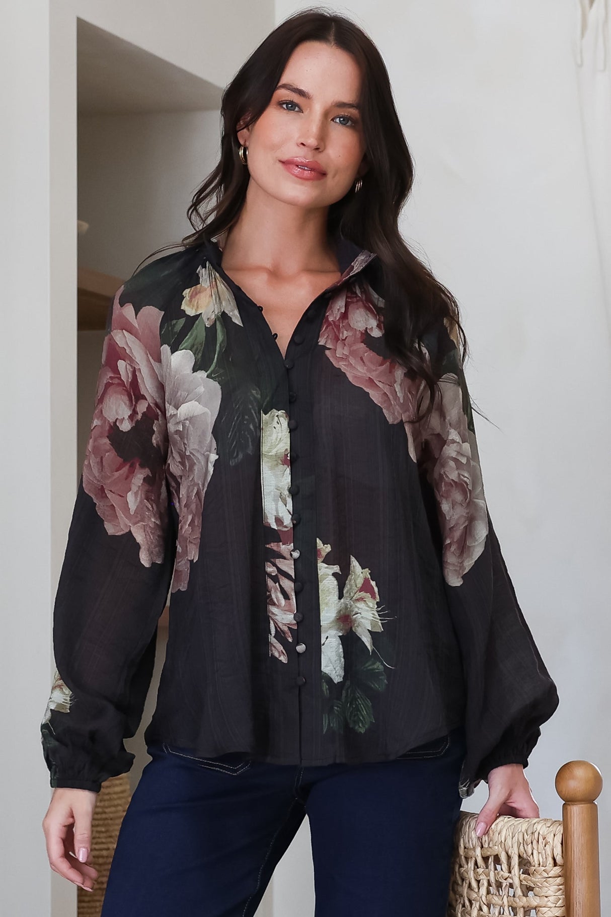 Kyla Blouse - Collared Button Down with Long Balloon Sleeves in Mika Print