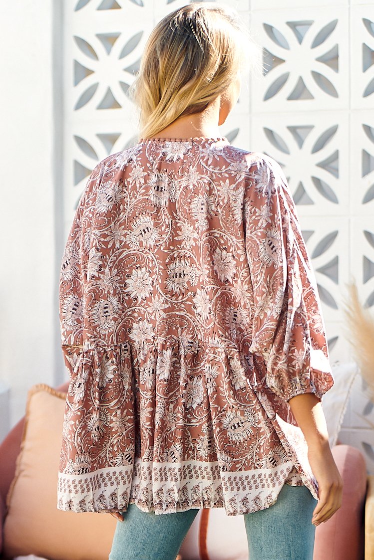 JAASE - Chloe Top: Very Oversized Crochet Trim Neckline Smock Top in Indah Print