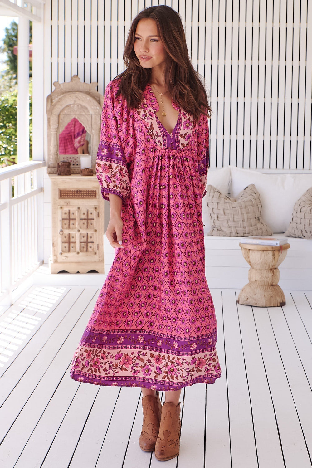 Boheme Midi Dress - Piping Defined Bust Slimline Smock Dress In Jolene Print