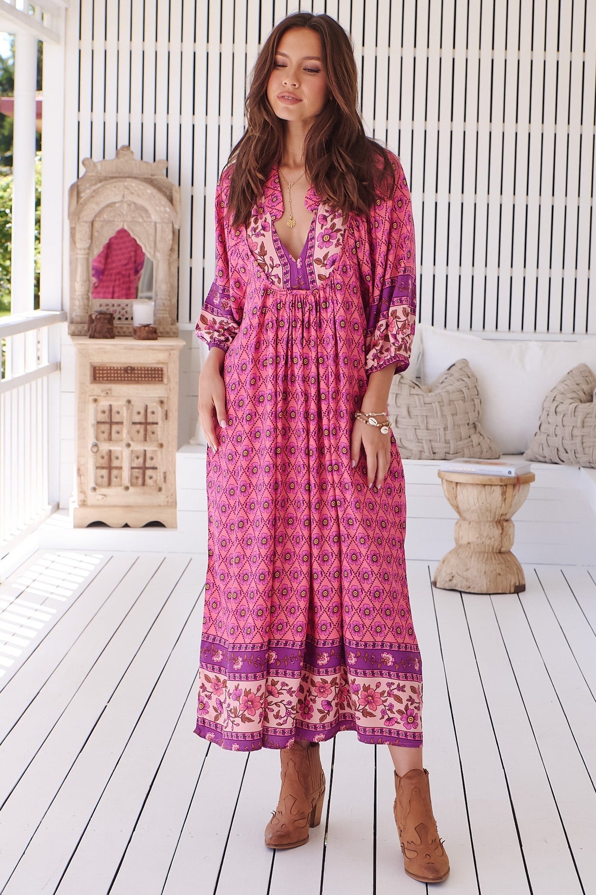 Boheme Midi Dress - Piping Defined Bust Slimline Smock Dress In Jolene Print