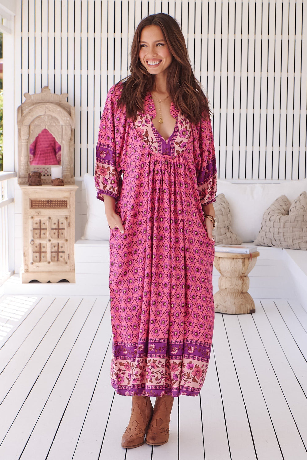 Boheme Midi Dress - Piping Defined Bust Slimline Smock Dress In Jolene Print