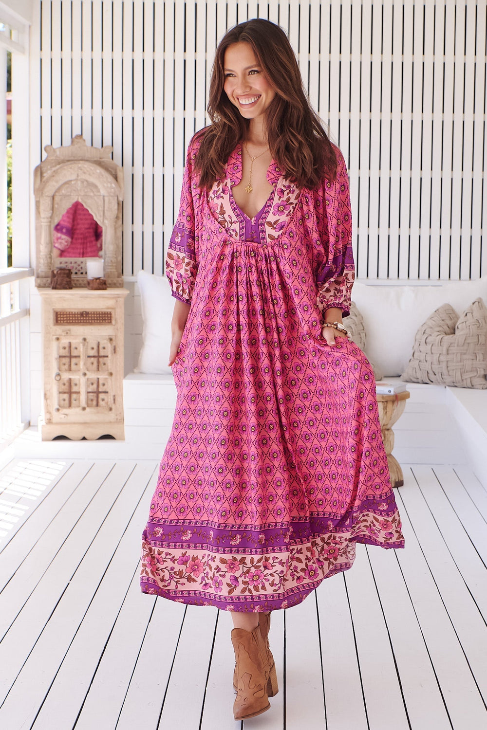Boheme Midi Dress - Piping Defined Bust Slimline Smock Dress In Jolene Print