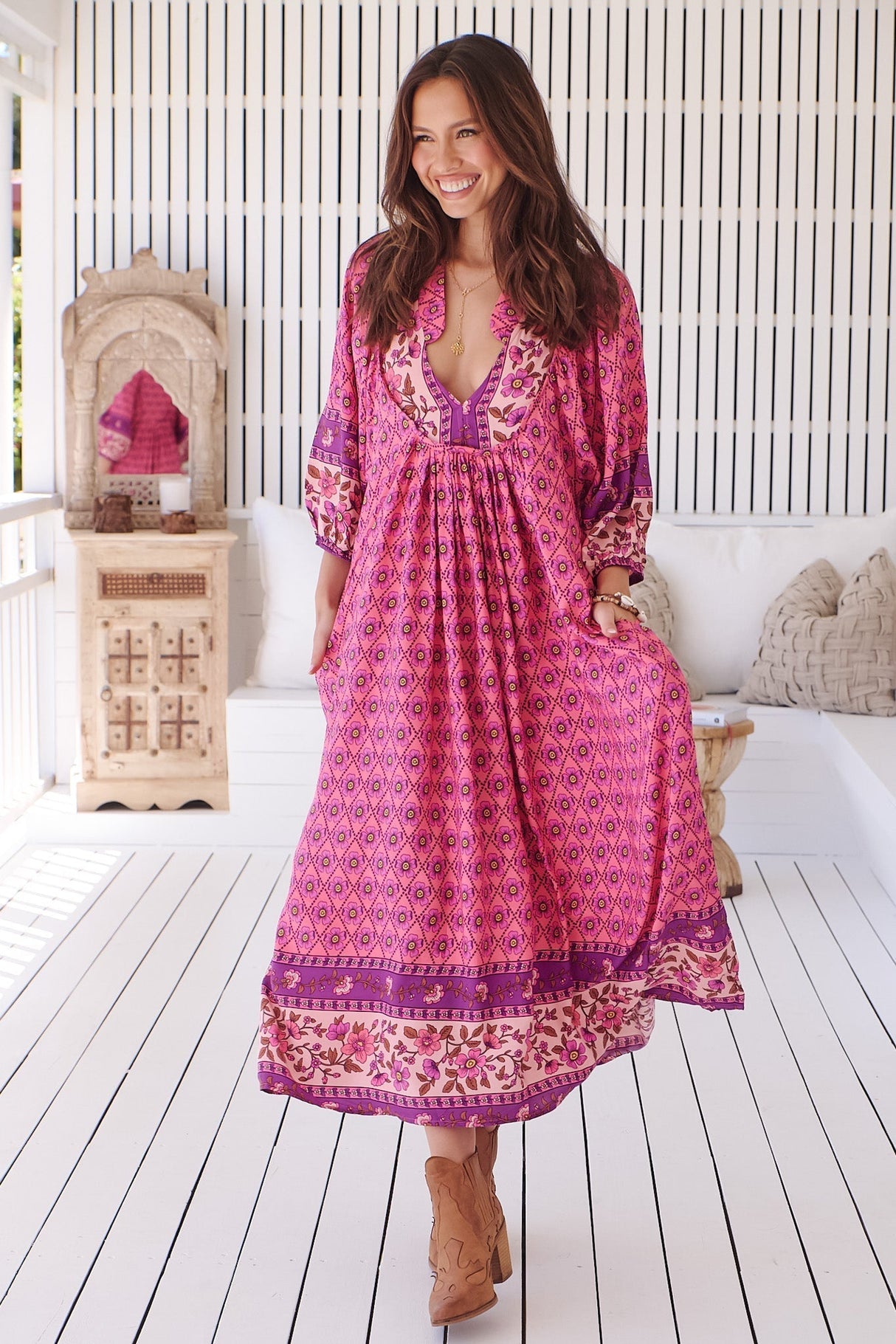 Boheme Midi Dress - Piping Defined Bust Slimline Smock Dress In Jolene Print