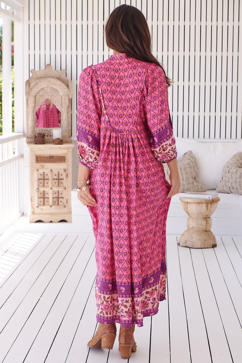 Boheme Midi Dress - Piping Defined Bust Slimline Smock Dress In Jolene Print