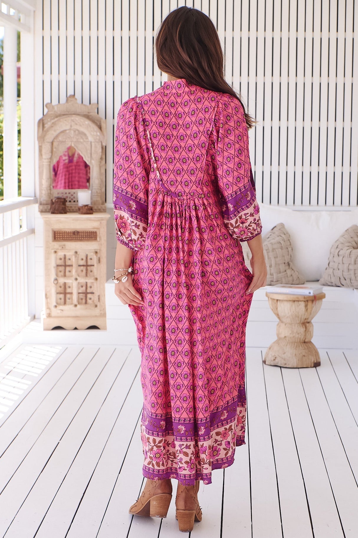 Boheme Midi Dress - Piping Defined Bust Slimline Smock Dress In Jolene Print