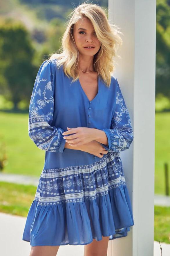 Payson Mini Dress - Border Print Button Down Balloon Sleeve Dress in Eshana Print Blue