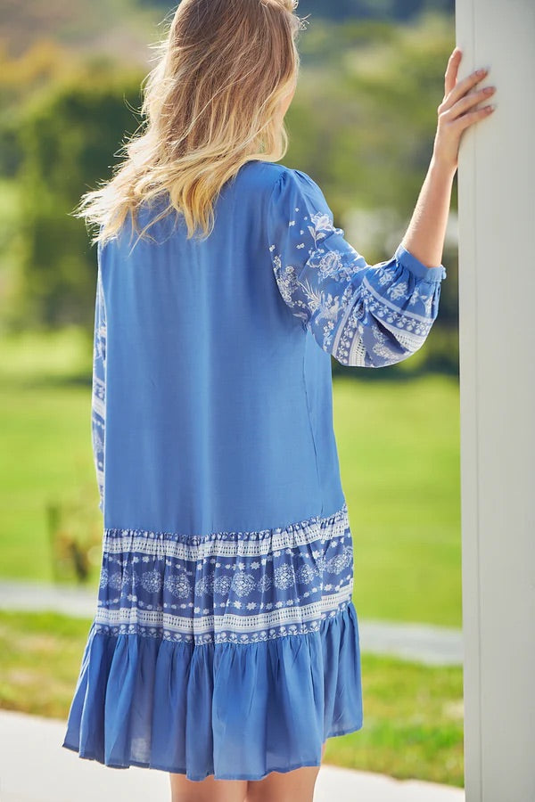 Payson Mini Dress - Border Print Button Down Balloon Sleeve Dress in Eshana Print Blue