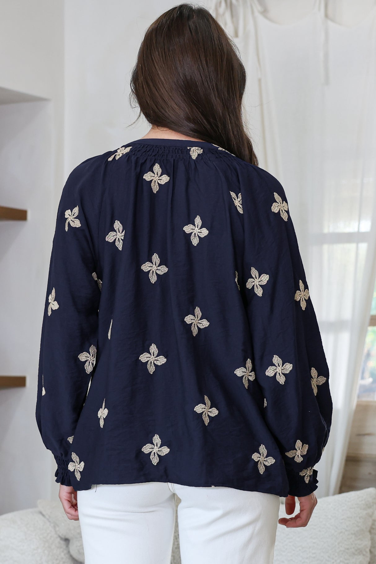 LaBrea Blouse - Mandarin Collar Button Down Embroidered Floral Detailing in Gigi Print Navy