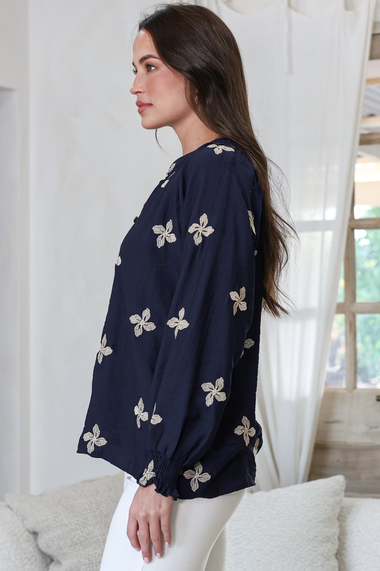 LaBrea Blouse - Mandarin Collar Button Down Embroidered Floral Detailing in Gigi Print Navy
