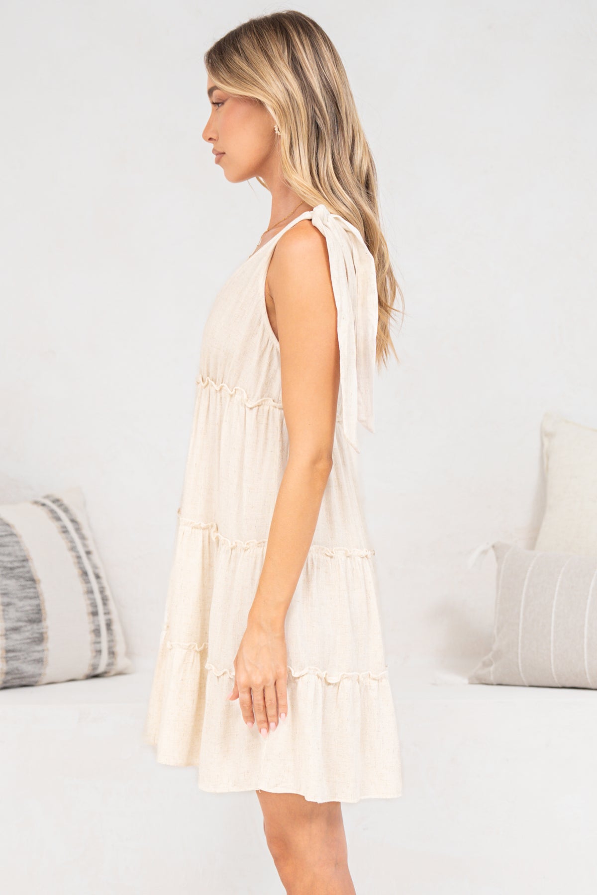 Lacy Mini Dress - Tie on Shoulder Strap Frill Splicing Tiered Sun Dress in Beige