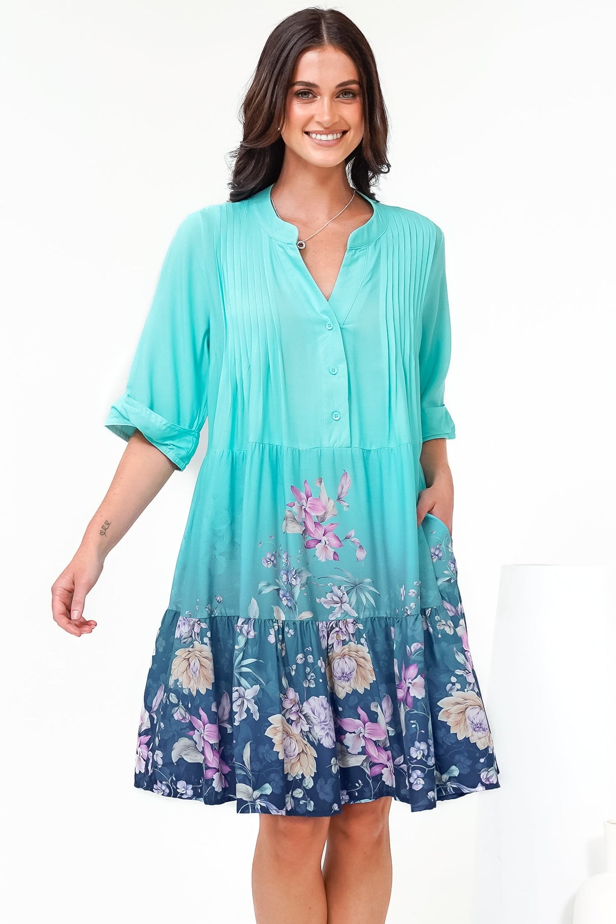 Evie Mini Dress - 3/4 Sleeve Tiered Smock Dress in Candyce Print Blue