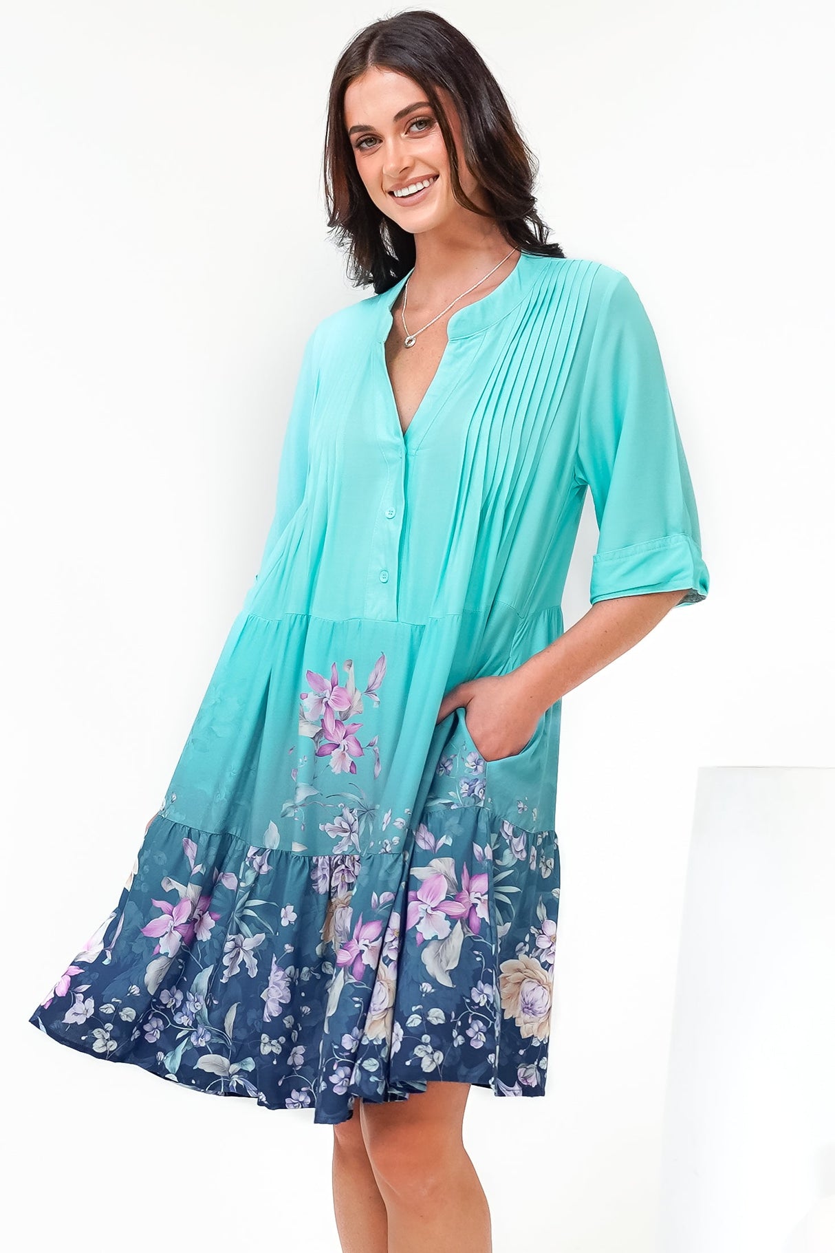 Evie Mini Dress - 3/4 Sleeve Tiered Smock Dress in Candyce Print Blue