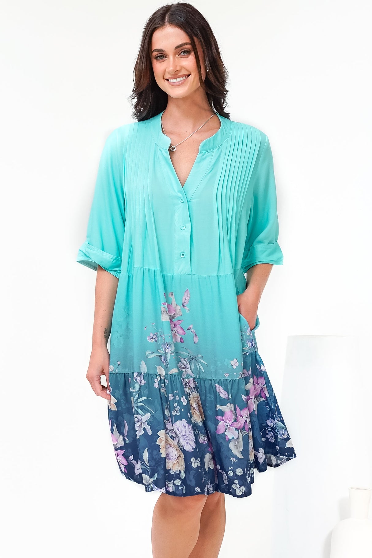 Evie Mini Dress - 3/4 Sleeve Tiered Smock Dress in Candyce Print Blue