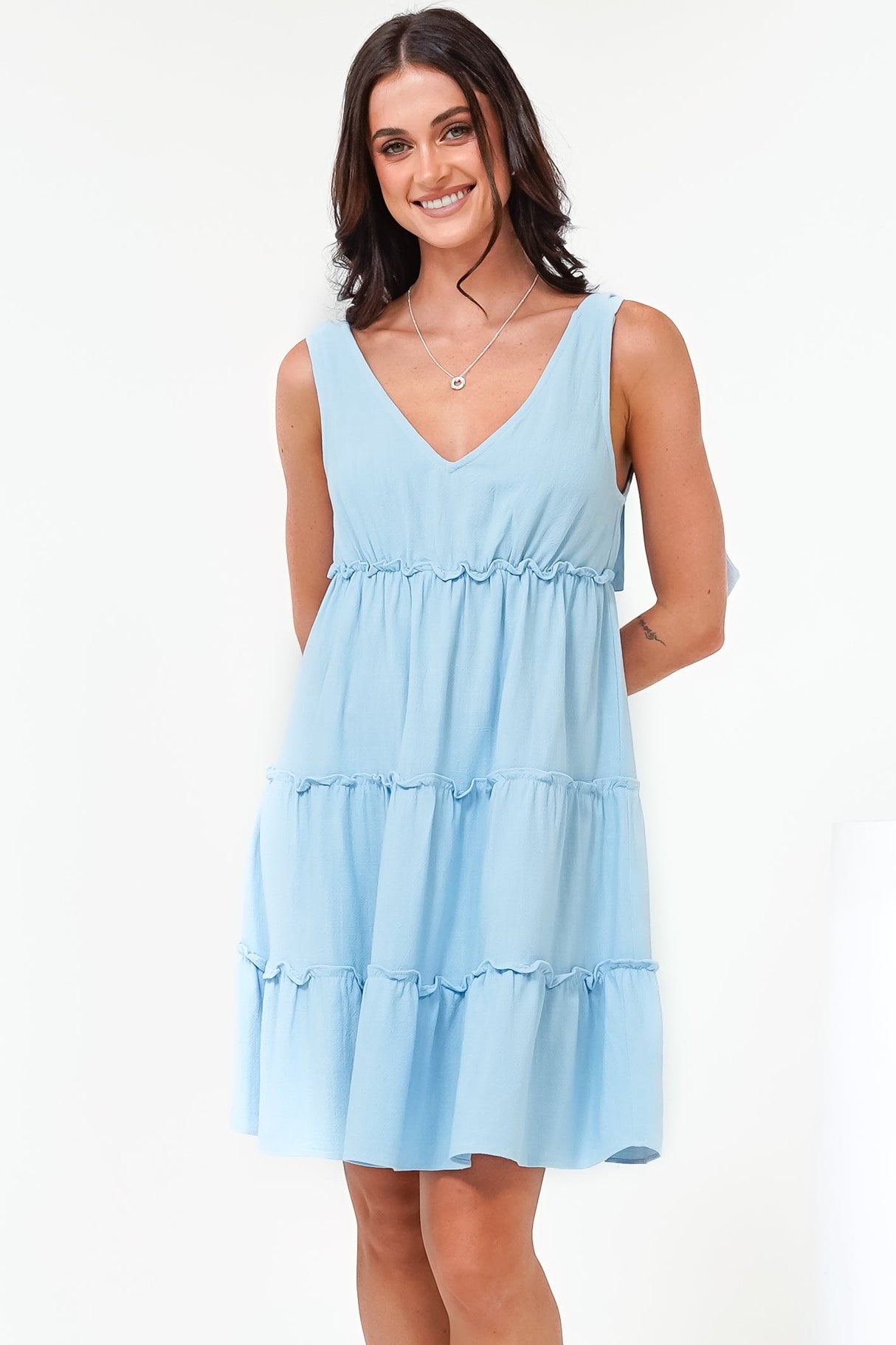Lacy Mini Dress - Tie on Shoulder Strap Frill Splicing Tiered Sun Dress in Light Blue