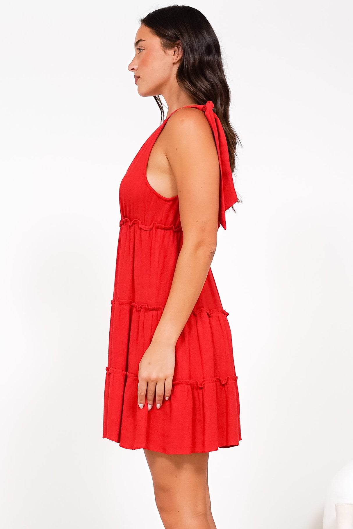 Lacy Mini Dress - Tie on Shoulder Strap Frill Splicing Tiered Sun Dress in Red