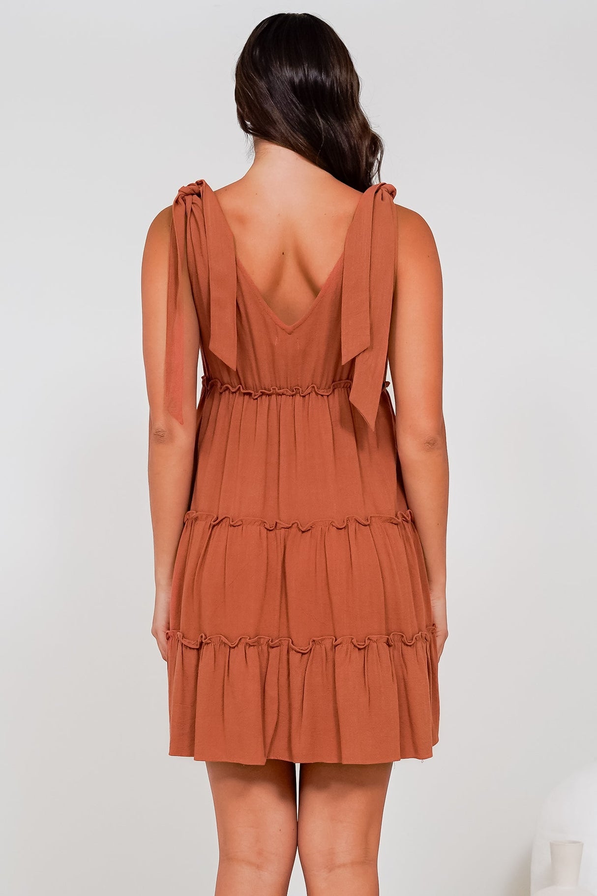 Lacy Mini Dress - Tie on Shoulder Strap Frill Splicing Tiered Sun Dress in Rust