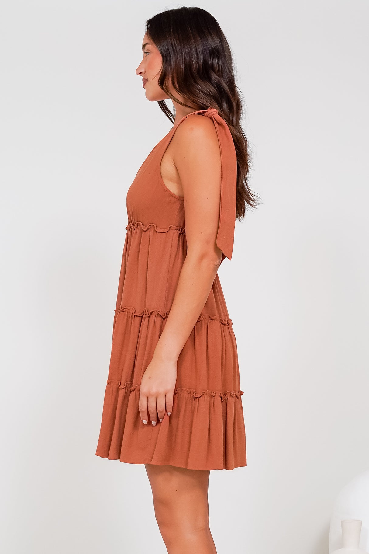 Lacy Mini Dress - Tie on Shoulder Strap Frill Splicing Tiered Sun Dress in Rust