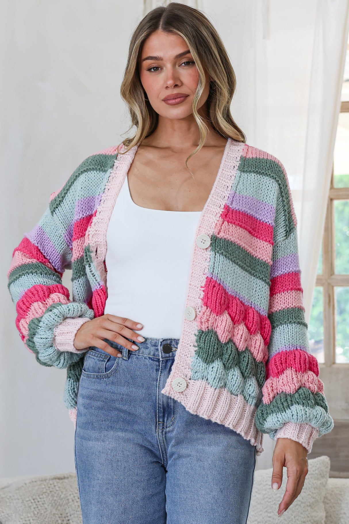Lainey Cardigan - Button Front Stripe Bubble Knit with Long Sleeves in Watermelon