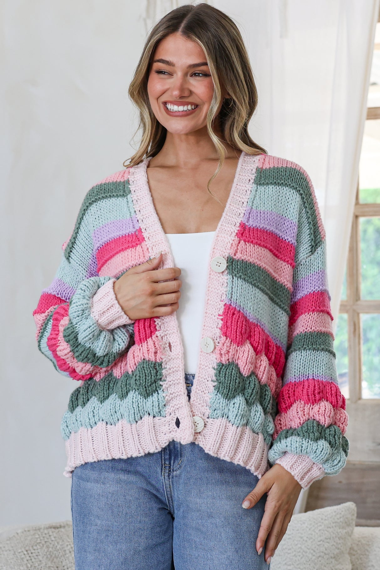 Lainey Cardigan - Button Front Stripe Bubble Knit with Long Sleeves in Watermelon