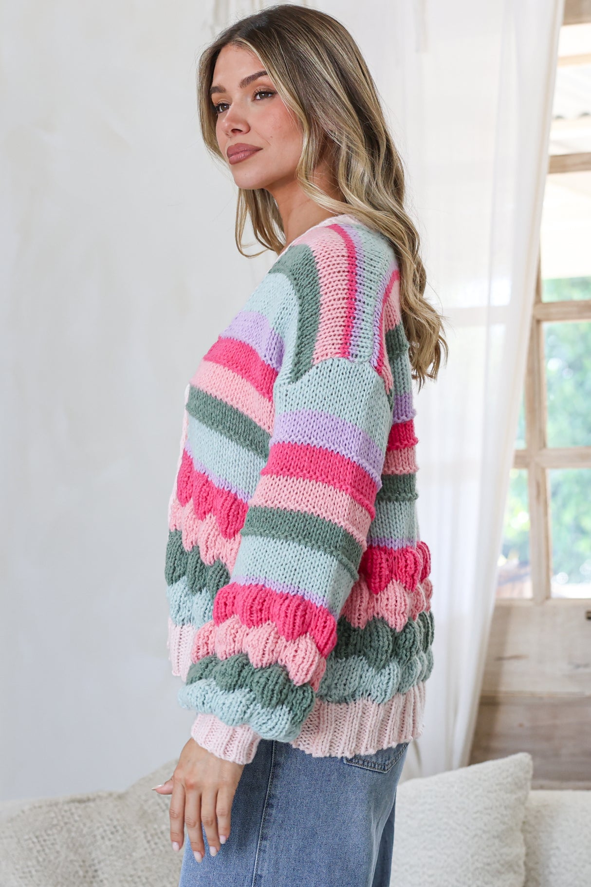 Lainey Cardigan - Button Front Stripe Bubble Knit with Long Sleeves in Watermelon