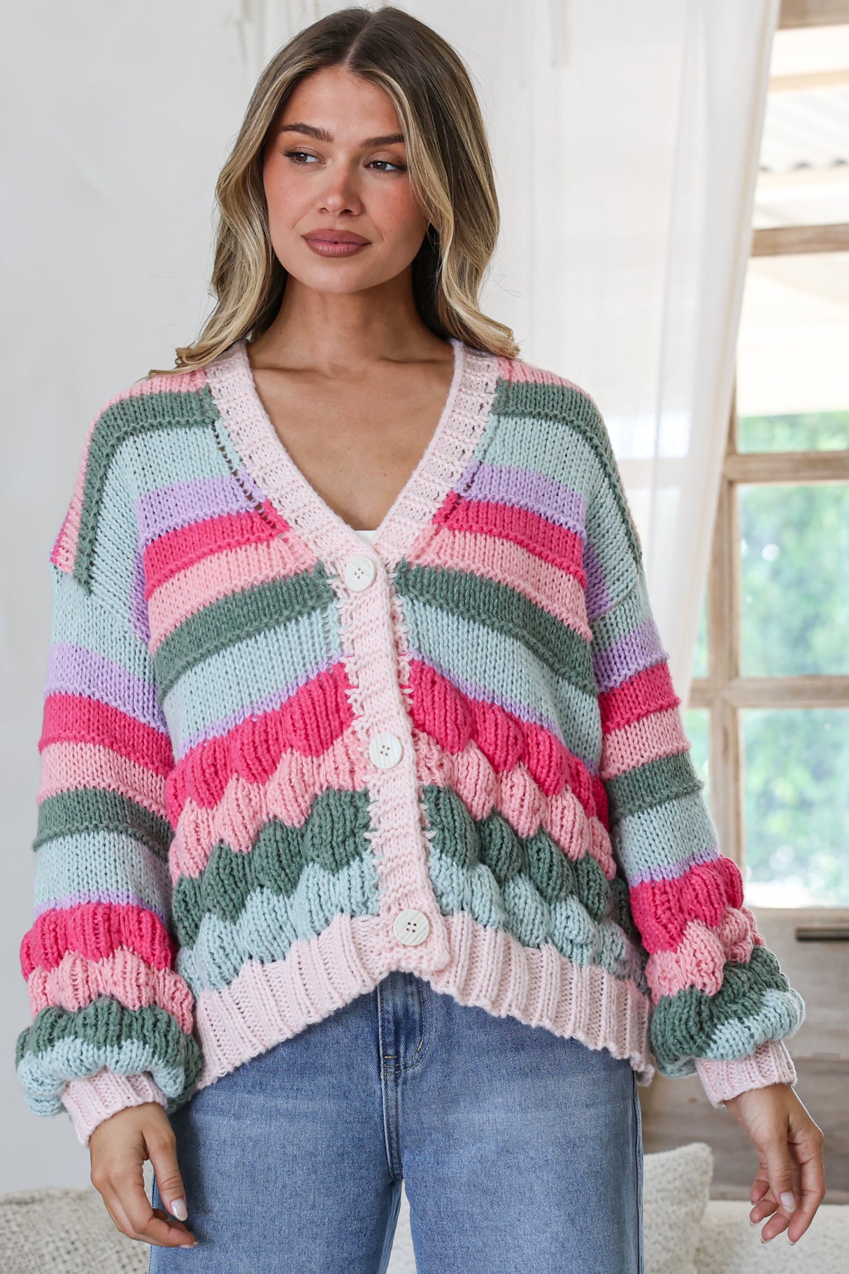 Lainey Cardigan - Button Front Stripe Bubble Knit with Long Sleeves in Watermelon