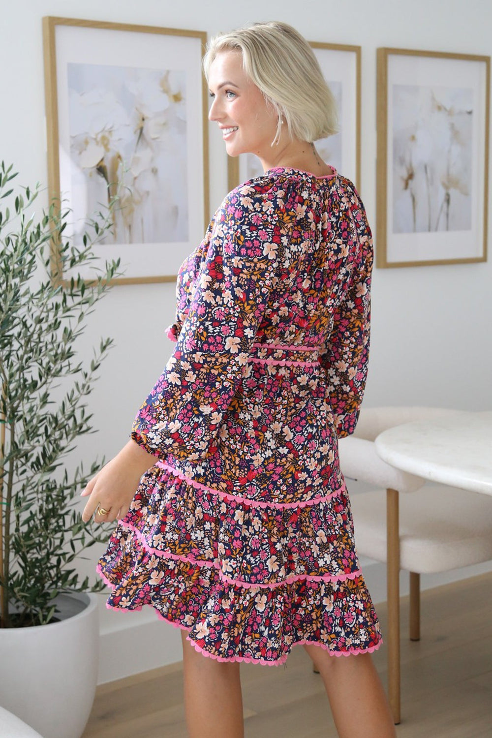 Lainie Mini Dress - Tiered Crochet Trim Mini Dress with Matching Belt in Fallon Print