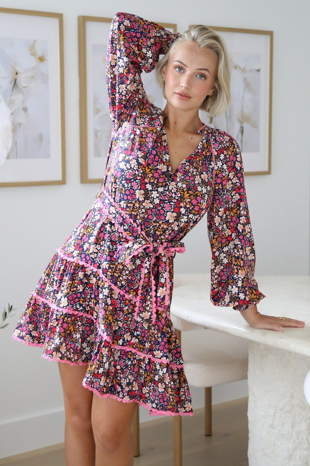 Lainie Mini Dress - Tiered Crochet Trim Mini Dress with Matching Belt in Fallon Print
