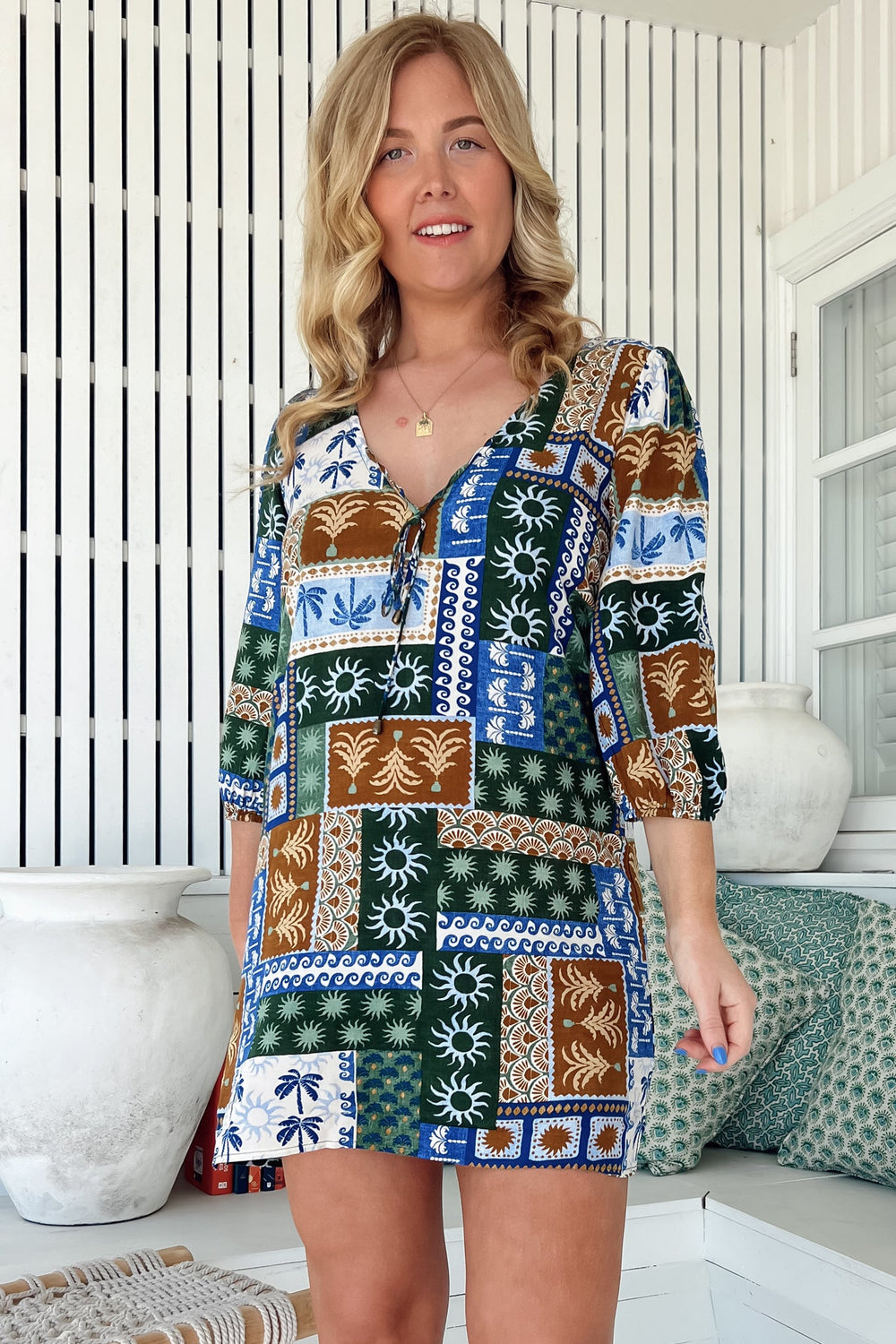 JAASE - Lake Mini Dress: V Neck Shift Dress With Balloon Sleeves in Emerald Cove Print