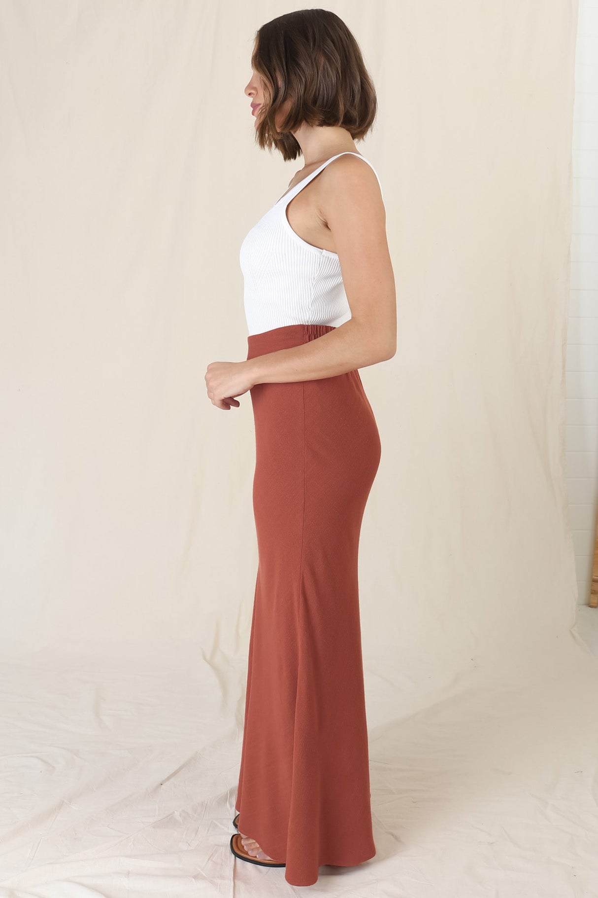 Lane Maxi Skirt - Linen Blend High Waisted Mermaid Silhouette Skirt in Rust