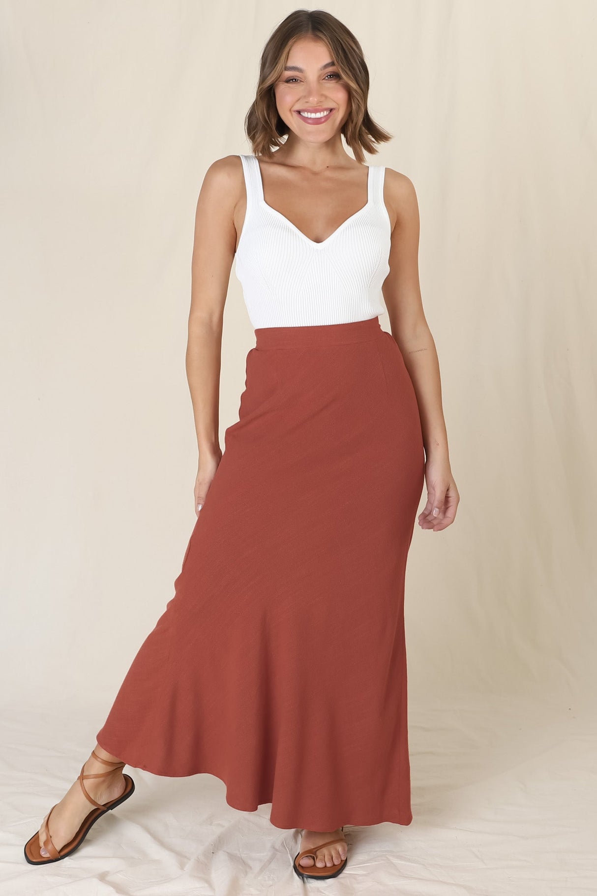 Lane Maxi Skirt - Linen Blend High Waisted Mermaid Silhouette Skirt in Rust