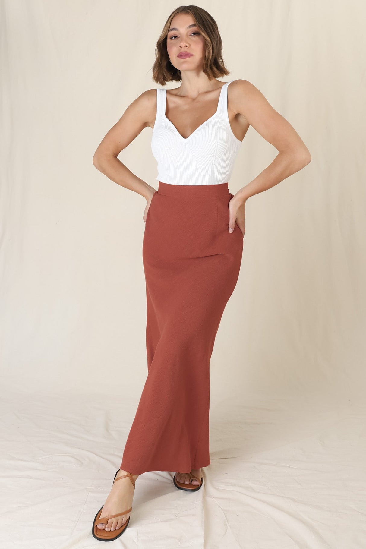 Lane Maxi Skirt - Linen Blend High Waisted Mermaid Silhouette Skirt in Rust