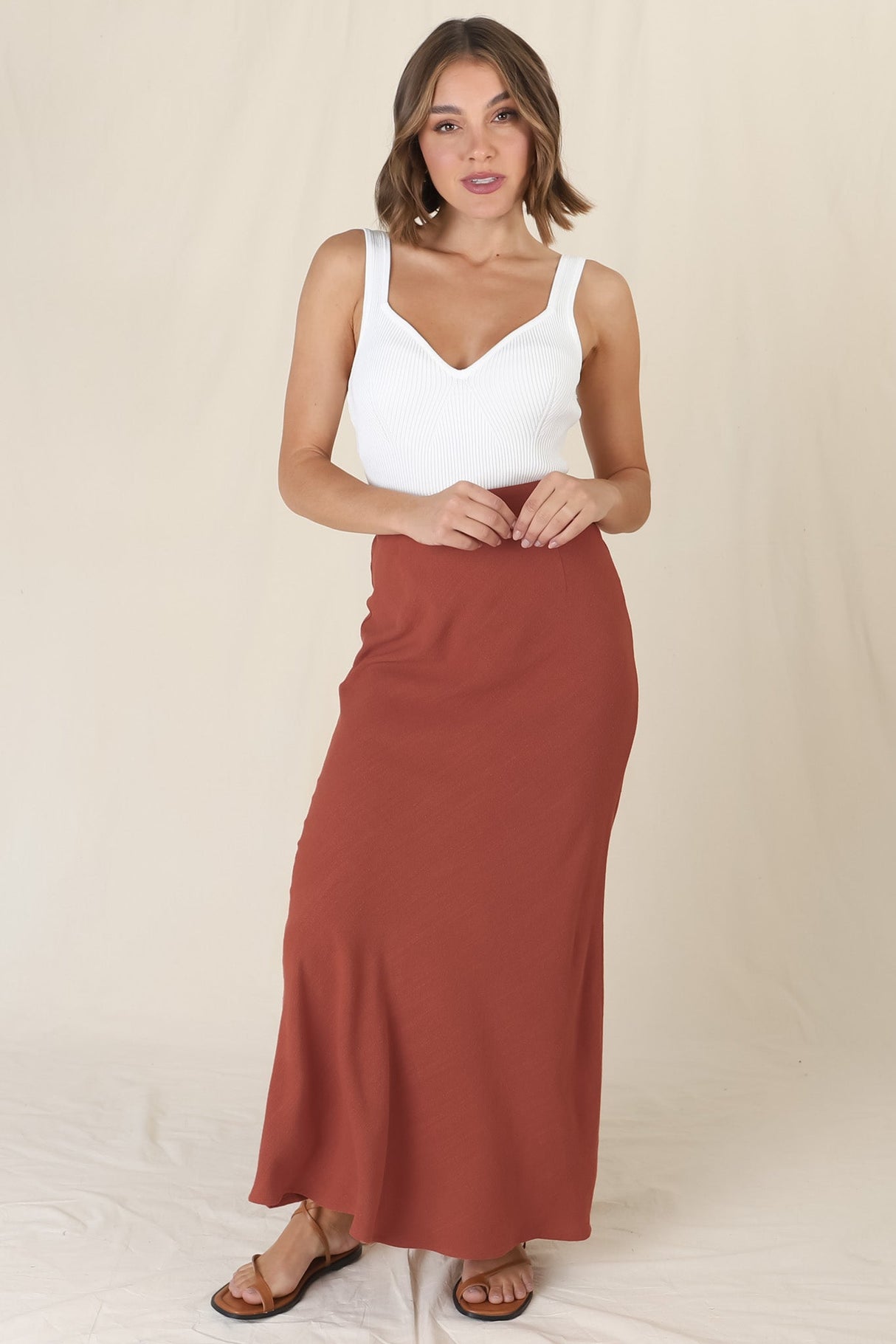 Lane Maxi Skirt - Linen Blend High Waisted Mermaid Silhouette Skirt in Rust