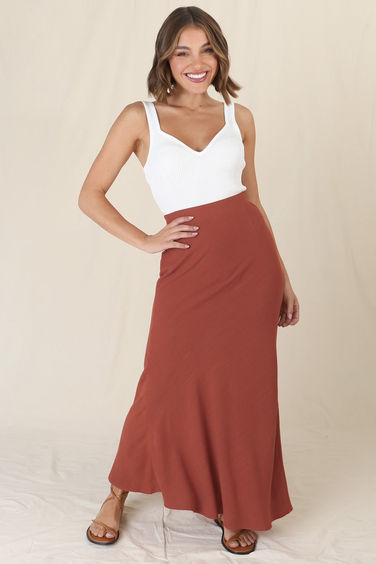 Lane Maxi Skirt - Linen Blend High Waisted Mermaid Silhouette Skirt in Rust