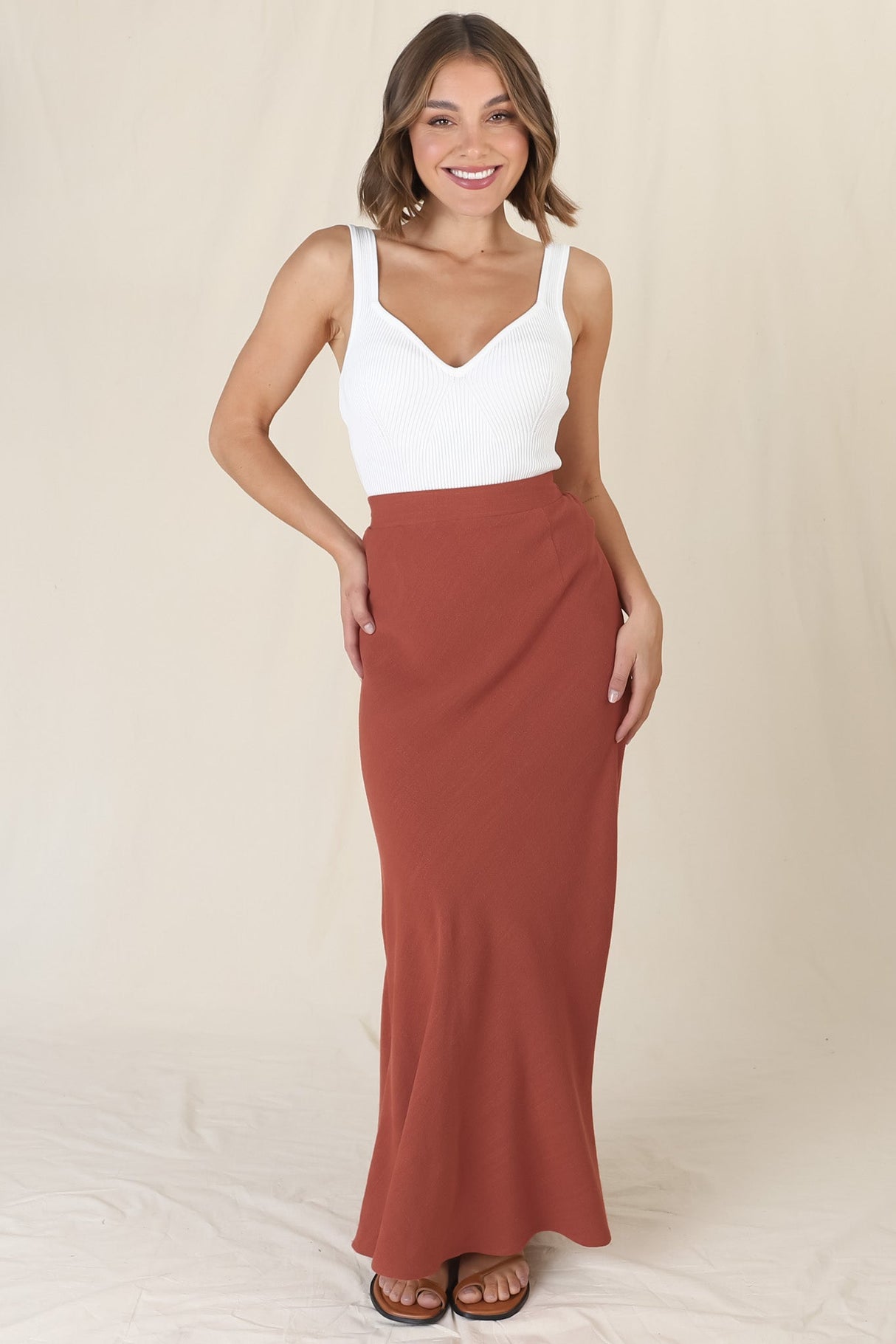 Lane Maxi Skirt - Linen Blend High Waisted Mermaid Silhouette Skirt in Rust