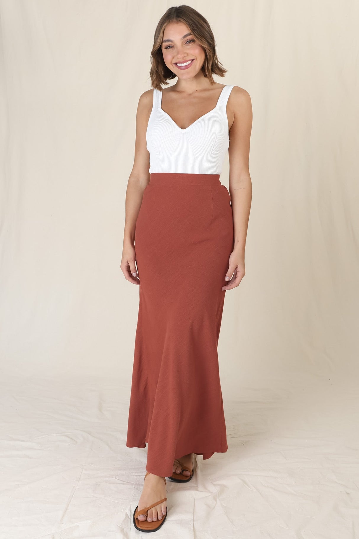 Lane Maxi Skirt - Linen Blend High Waisted Mermaid Silhouette Skirt in Rust