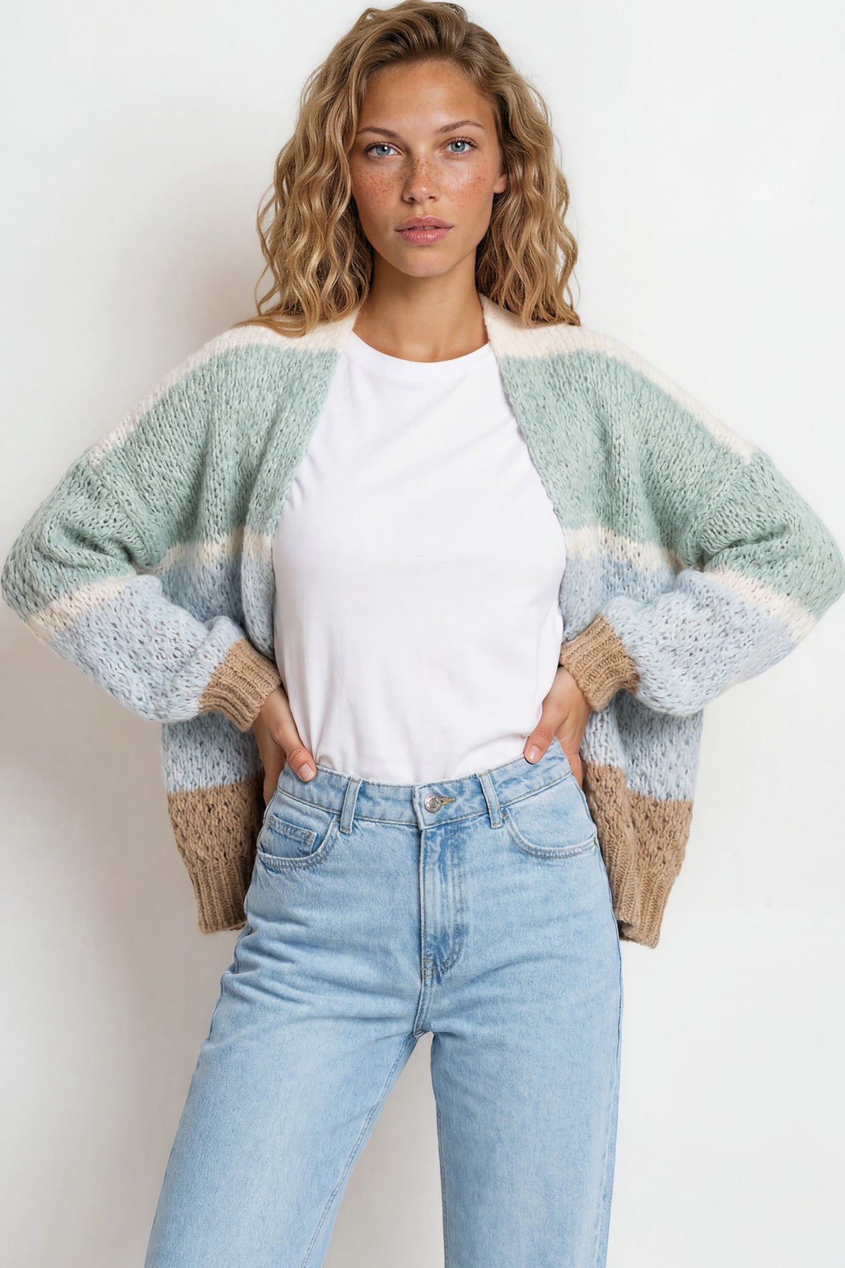 Model wearing Lane Cardigan in White/Green from Salty Crush
