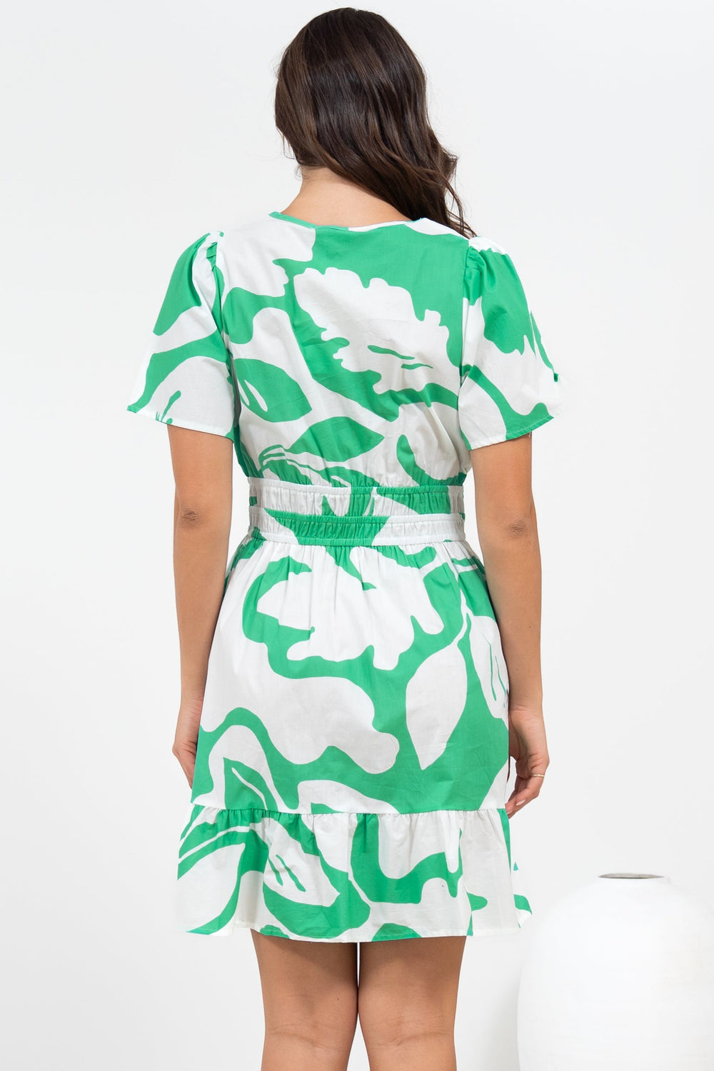 Larosa Mini Dress - Stand Collar A-Line Dress with Buttoned Bodice in Sloane Print Green