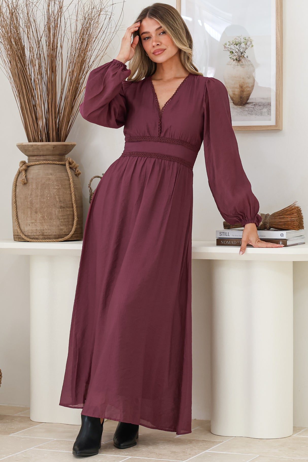 Lauder Maxi Dress - Lace Trim A-Line Dress with Balloon Sleeves in Plum