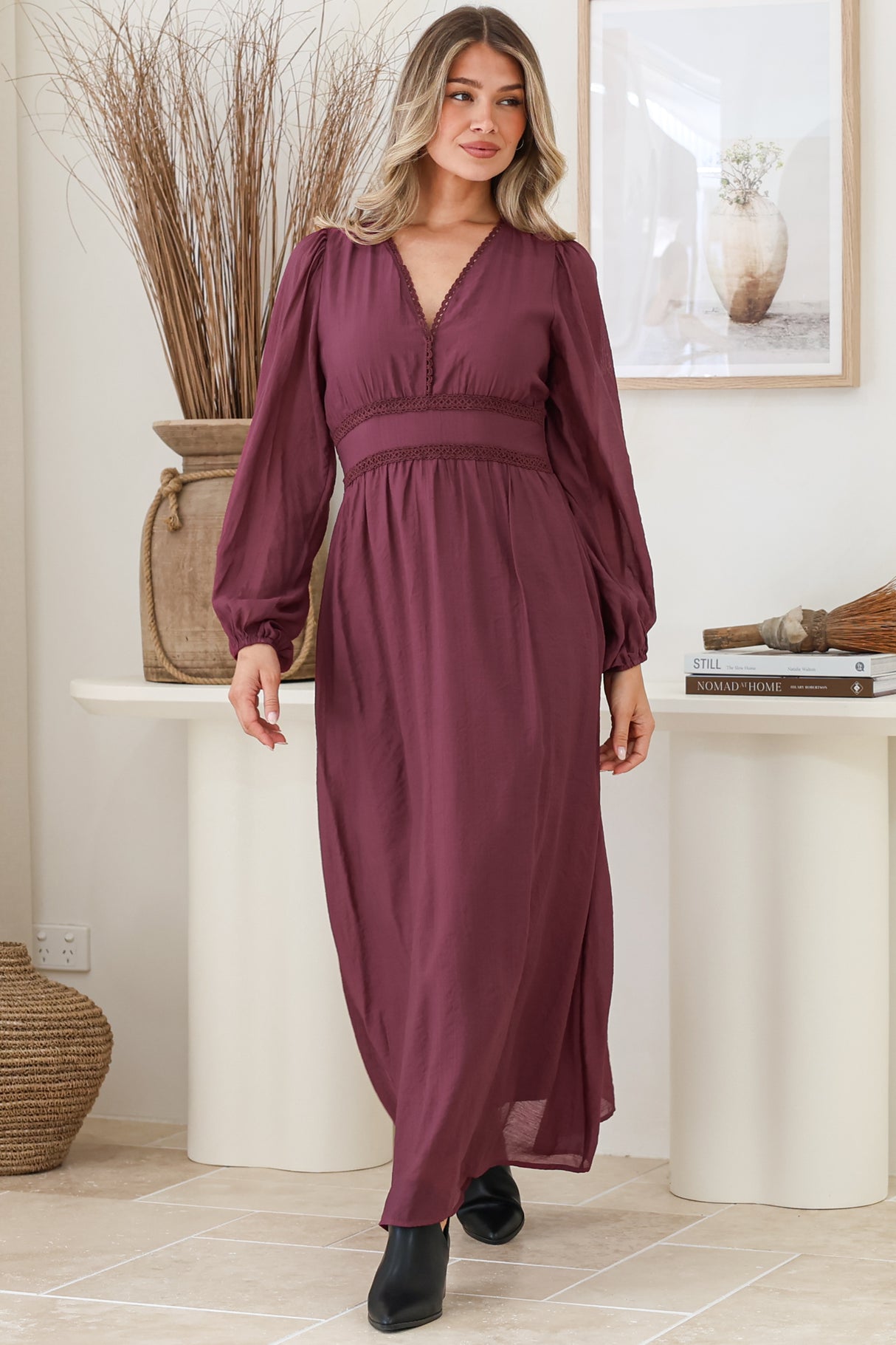 Lauder Maxi Dress - Lace Trim A-Line Dress with Balloon Sleeves in Plum