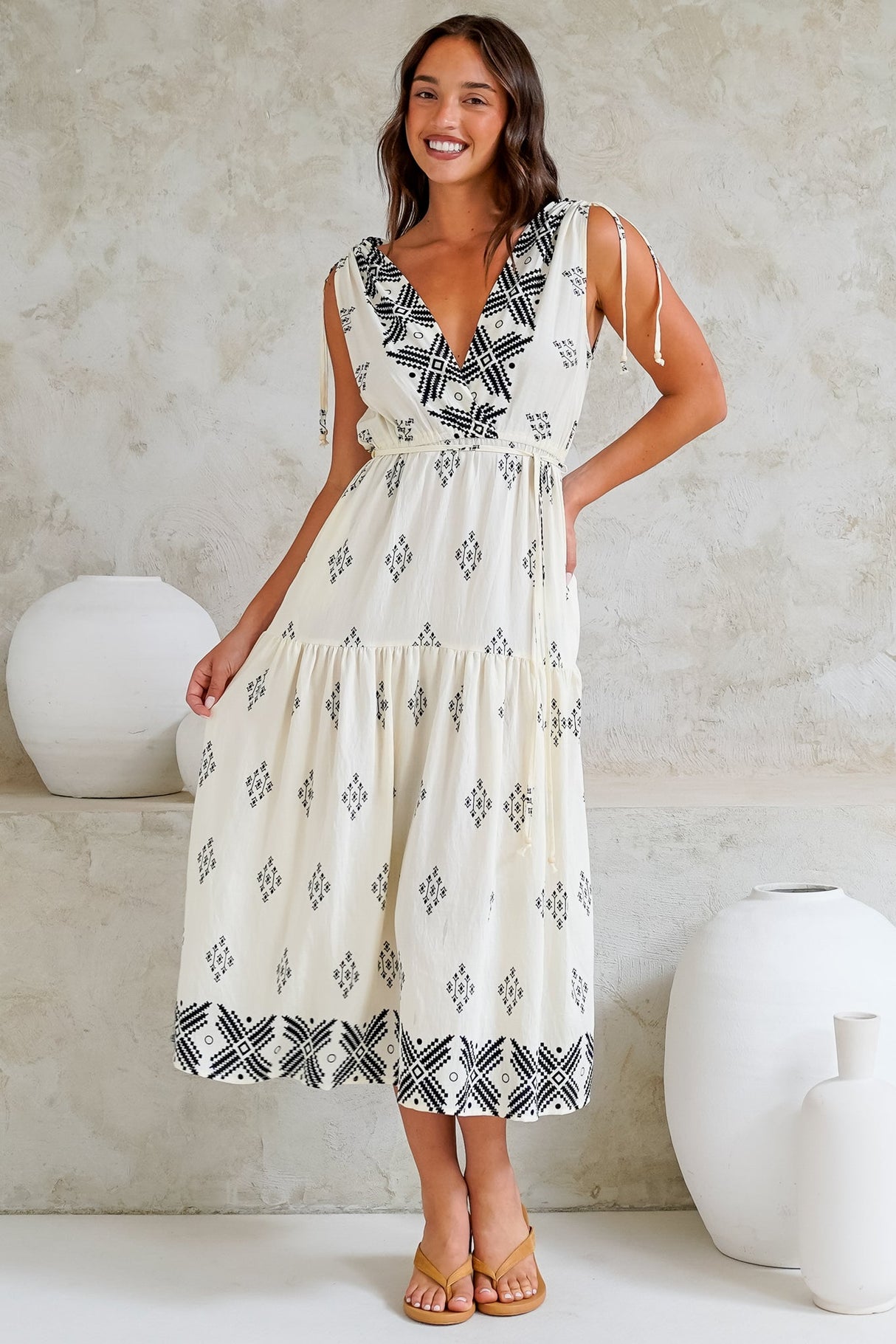 Laurina Midi Dress - Deep V-Neck A-Line Dress with Waist Tie in Fresca Print White