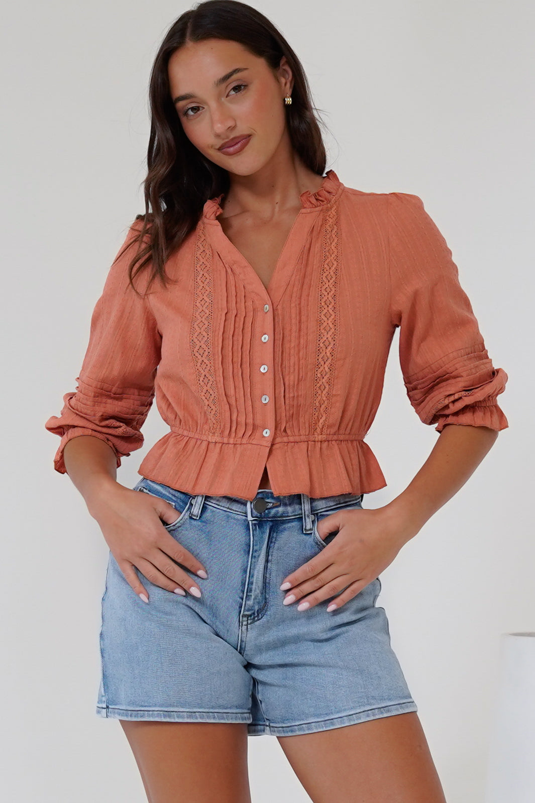 Laurinie Top - Frill Collar Button Down Crop with Delicate Detailing in Rust