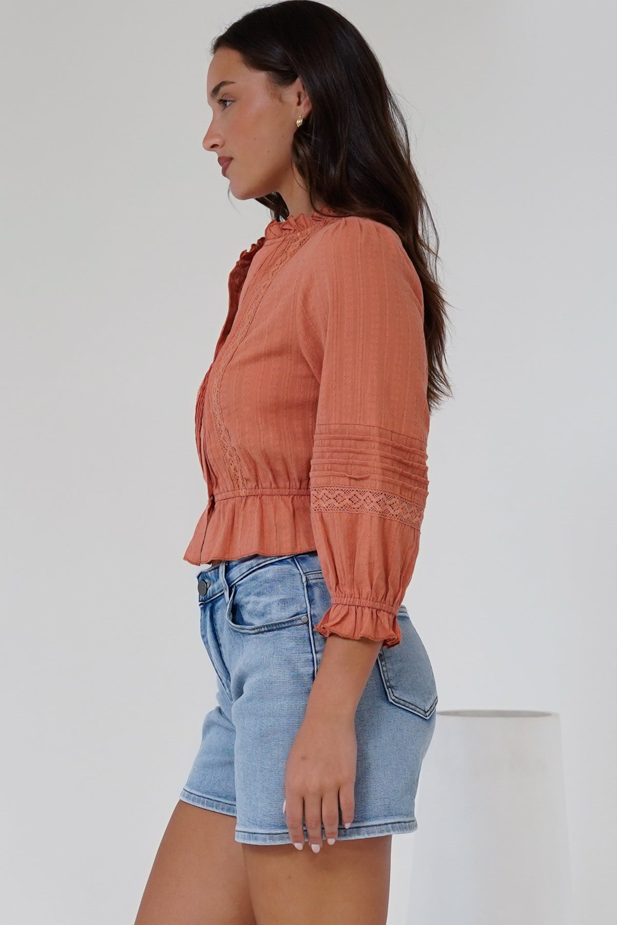 Laurinie Top - Frill Collar Button Down Crop with Delicate Detailing in Rust