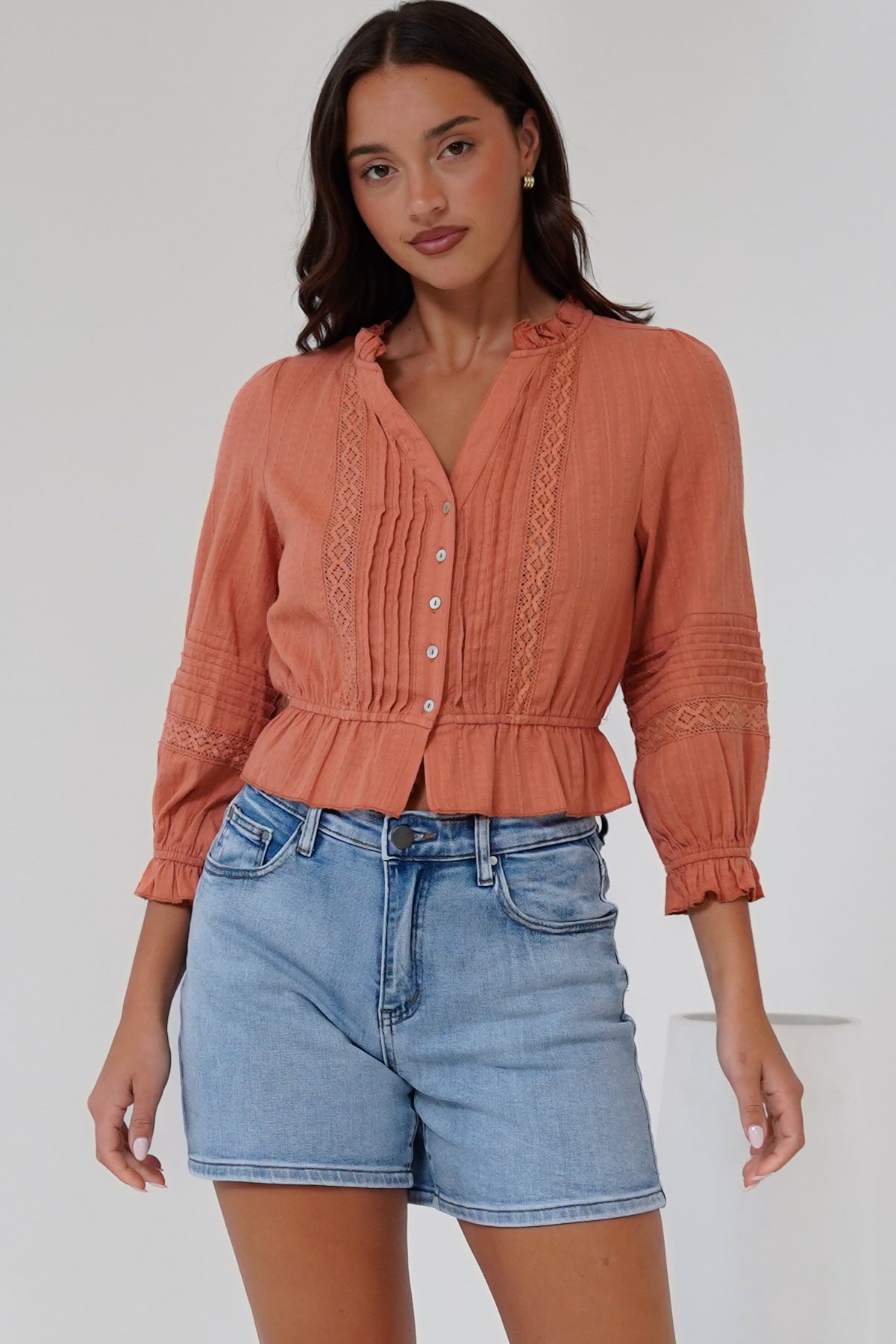 Laurinie Top - Frill Collar Button Down Crop with Delicate Detailing in Rust