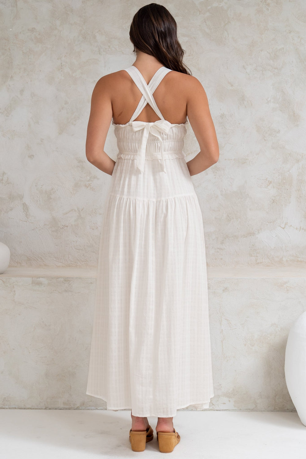 Laurita Midi Dress - Adjustable Strap Elasticated Bodice Sun Dress in White