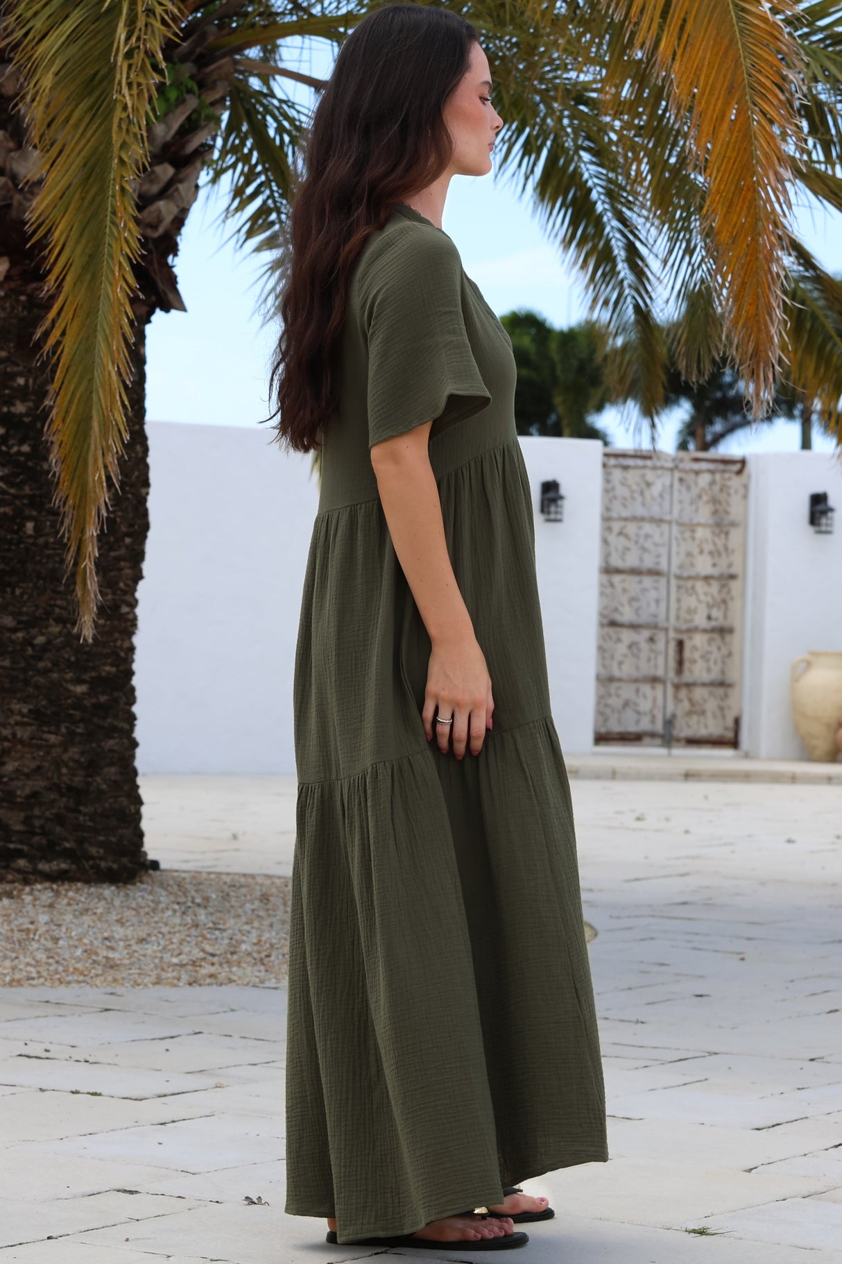 Laysa Maxi Dress - Mandarin Collar Buttoned Bodice Short Sleeve Dress in Khaki