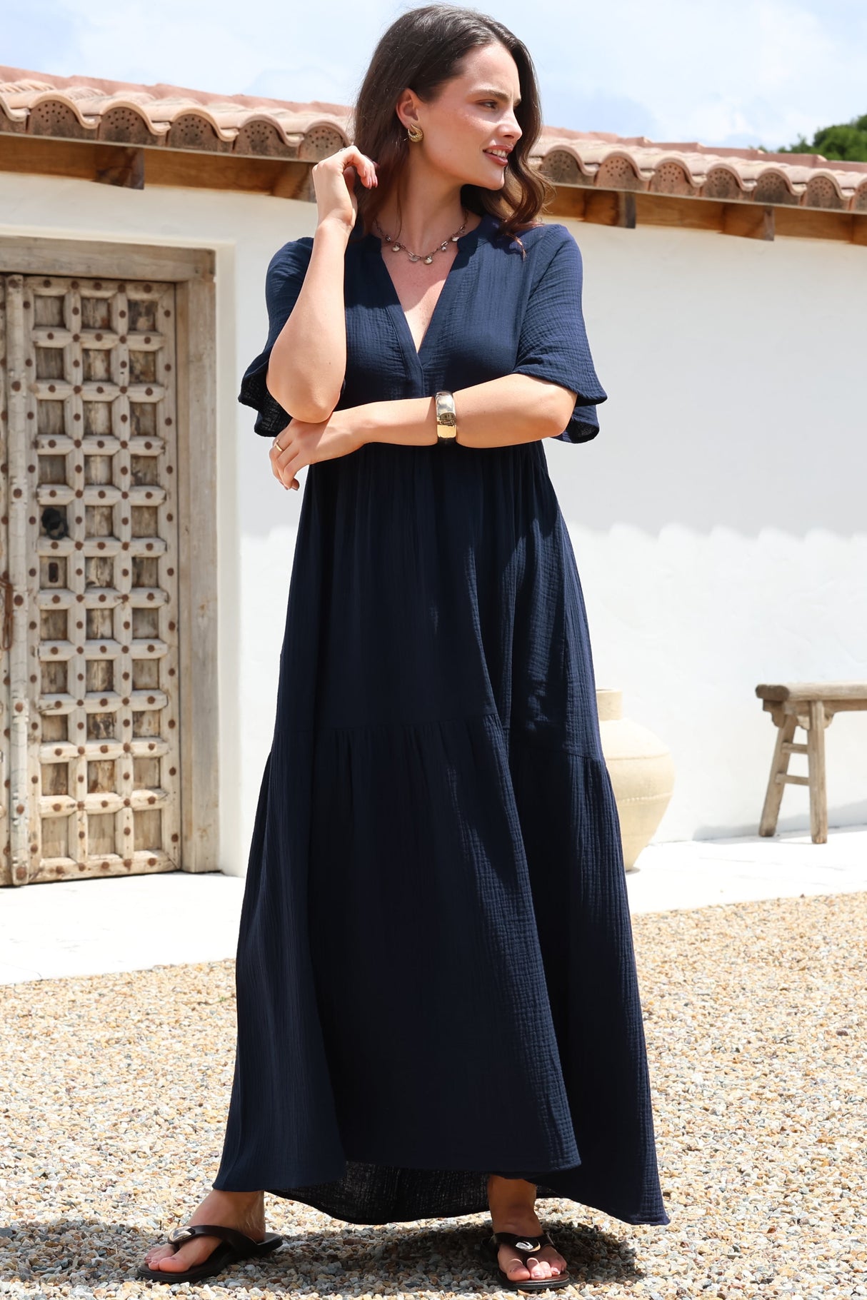 Laysa Maxi Dress - Mandarin Collar Buttoned Bodice Short Sleeve Dress in Navy