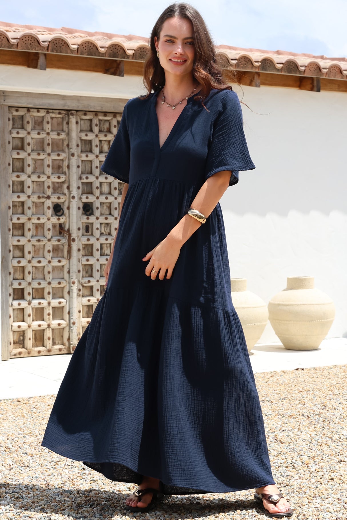Laysa Maxi Dress - Mandarin Collar Buttoned Bodice Short Sleeve Dress in Navy