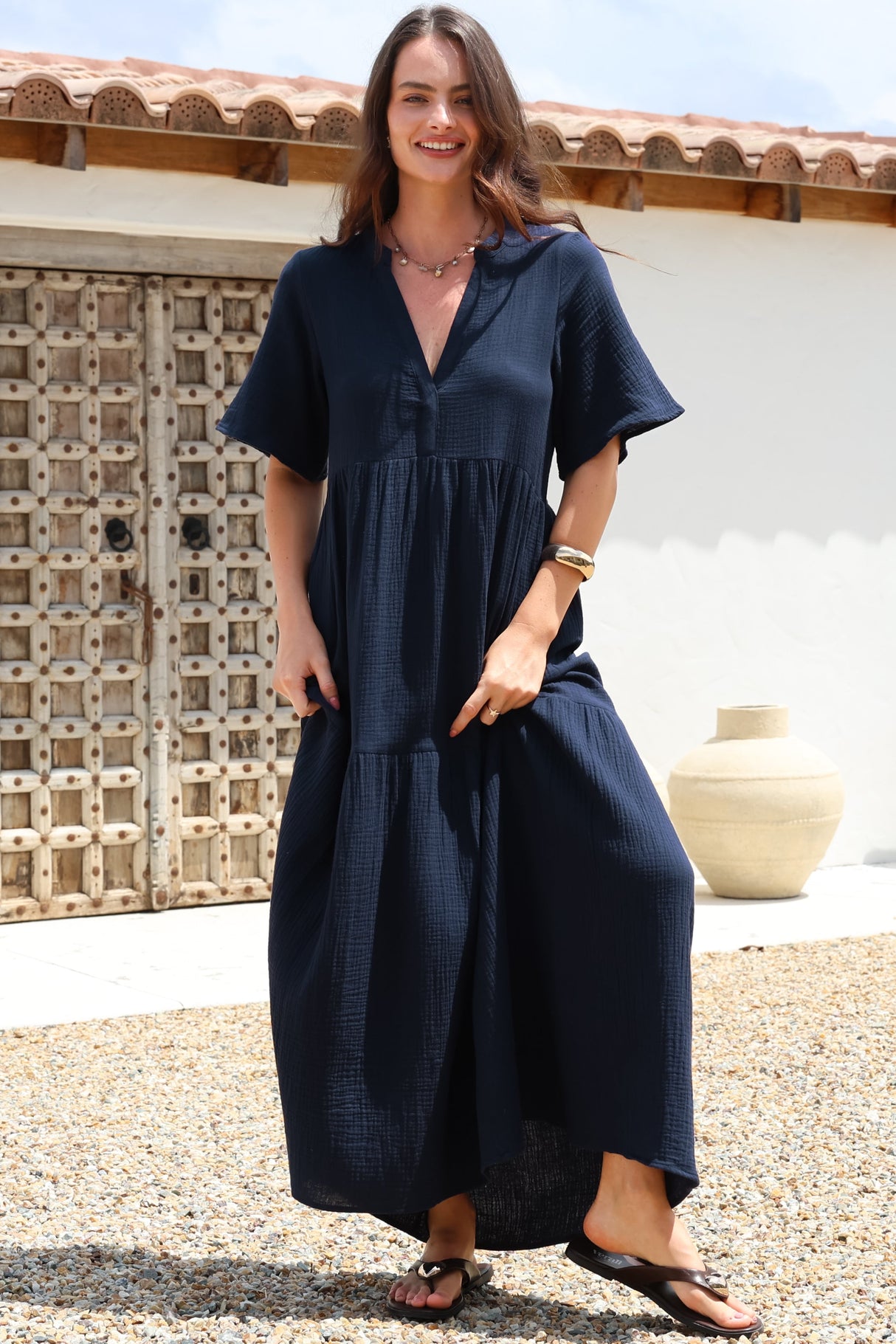 Laysa Maxi Dress - Mandarin Collar Buttoned Bodice Short Sleeve Dress in Navy