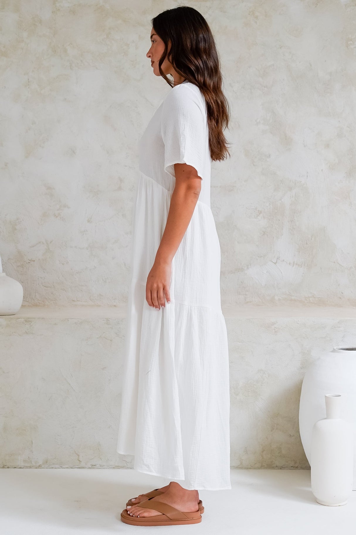 Laysa Maxi Dress - Mandarin Collar Buttoned Bodice Short Sleeve Dress in White